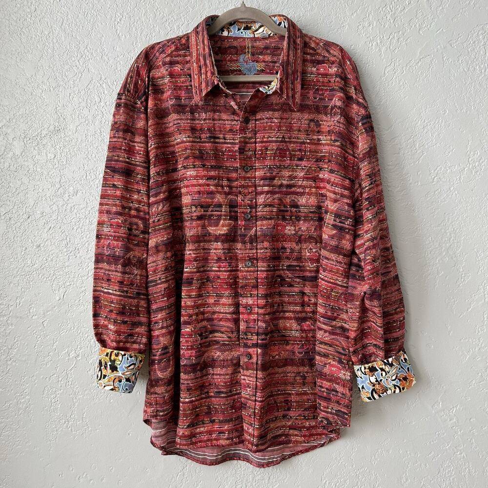 Robert Graham 3XL Red Stripe Paisley Flip Cuff Statement Shirt Button Down